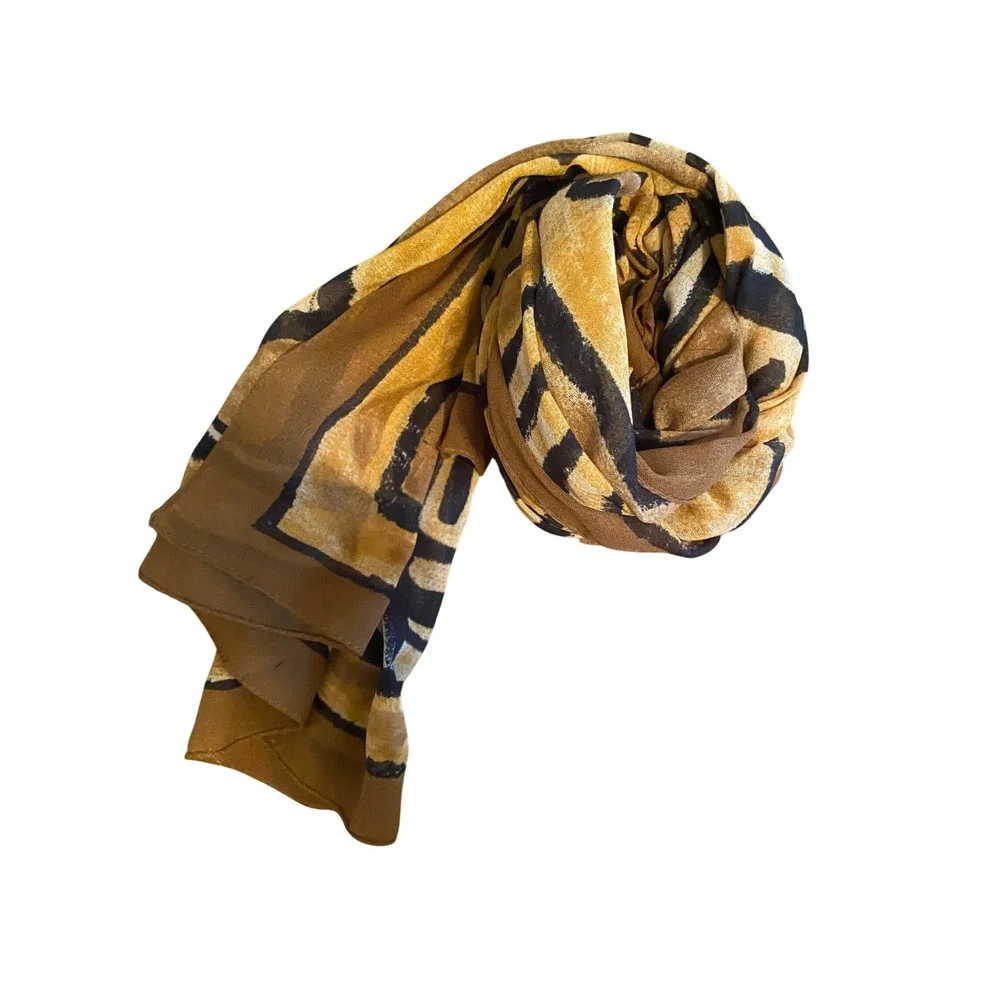 Abstract Geometric Print Scarf Earthy Mustard‎ Brown Black Lightweight Wrap